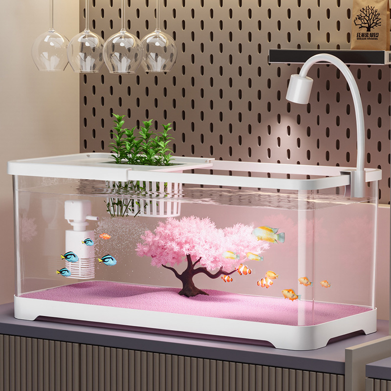 桌面鱼缸樱花生态造景金鱼缸过滤制氧自循环家用中小型带灯斗鱼缸