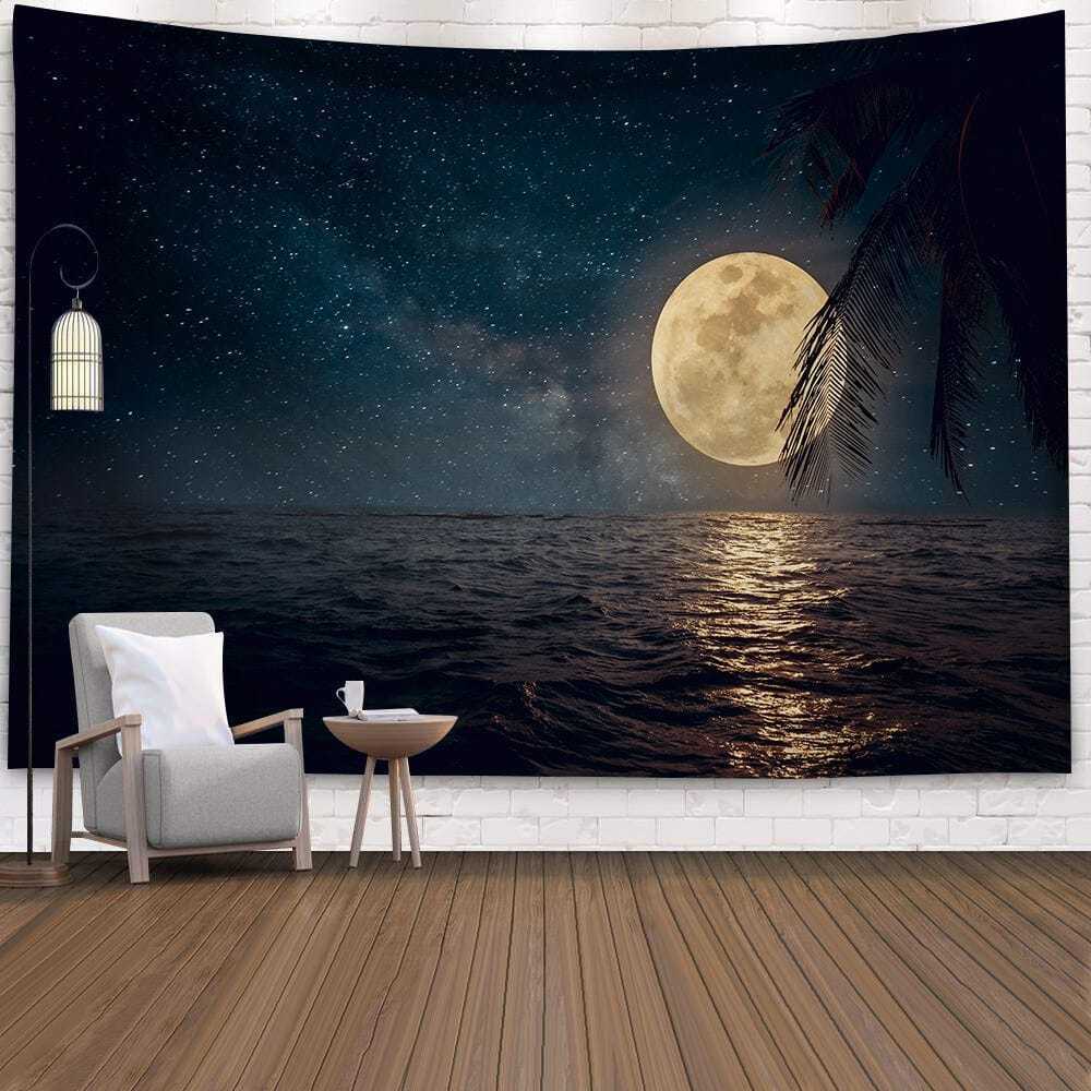 超大背景布海面月球墙壁装饰挂毯床头卧室客厅宿舍壁毯海报窗帘|ru
