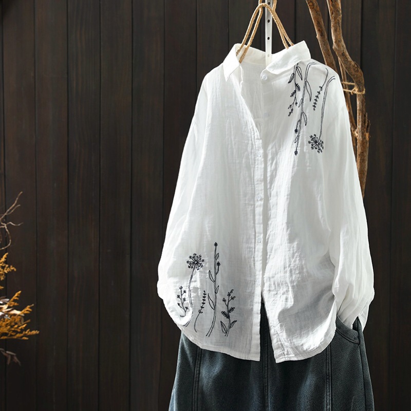 X leak-picking all-match trendy shirt for women 2023 Summer new artistic retro embroidered lapel solid color long sleeve top X leak-picking all-match trendy shirt for women 2023 Summer new artistic retro embroidered lapel solid color long sleeve top