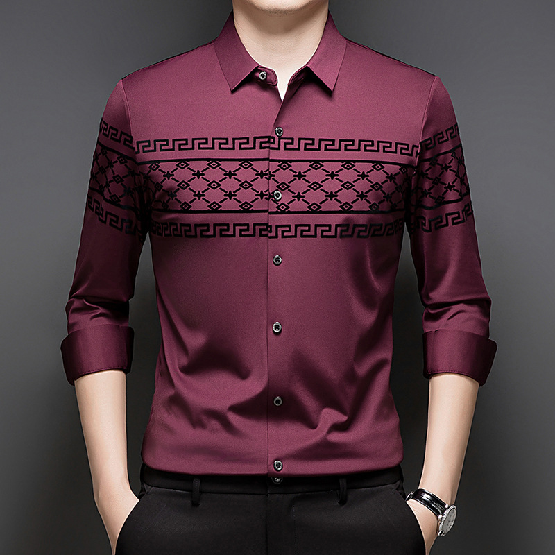 跨境轻奢男士衬衫长袖秋季新款潮流时尚高品质无痕植绒衬衣男装