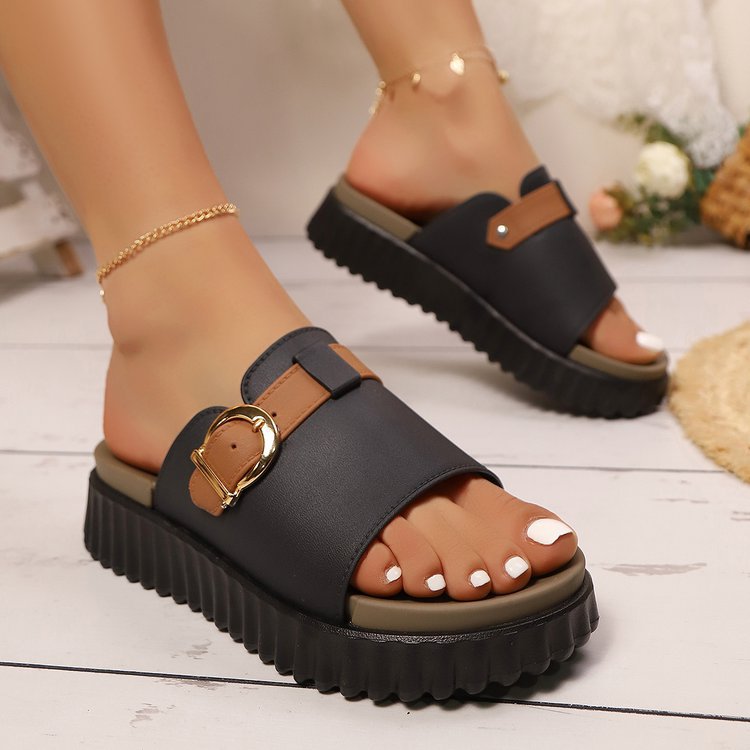 Soft And Bouncy Flip Flops With Contrasting Colors, Featuring A Belt Buckle Detail, Flat Casual Open Toe Sandals_vogvips.com