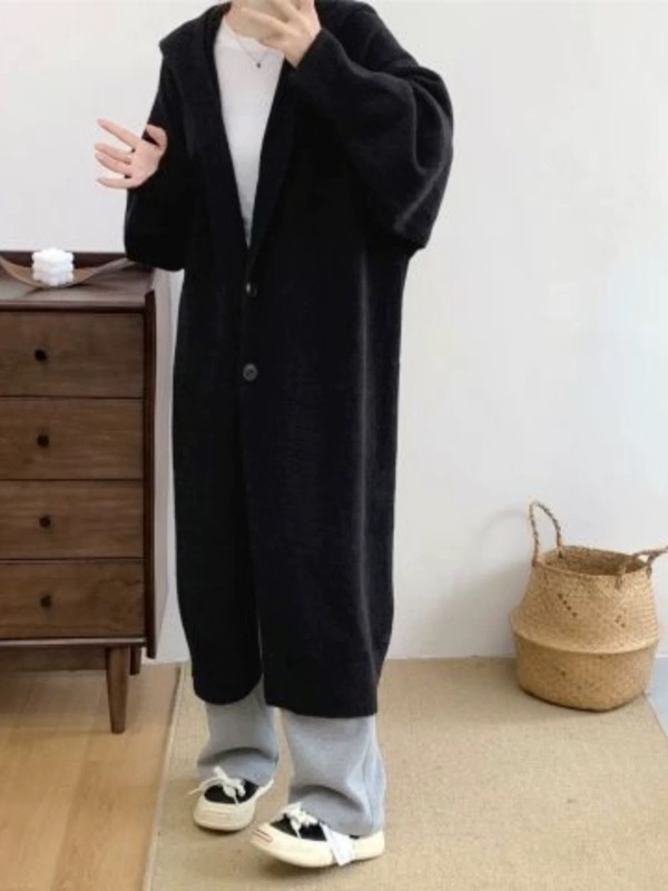 2025秋冬新款连帽宽松慵懒风长款针织大衣纯色简约法式开衫外套女|undefined