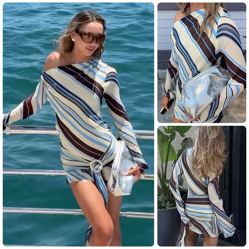 2026 New European and American Style Spicy Girl One-Shoulder Striped Dress for Women, Asymmetrical Off-Shoulder Tie Waist Short Bodycon Dress 2026 New European and American Style Spicy Girl One-Shoulder Striped Dress for Women, Asymmetrical Off-Shoulder Tie Waist Short Bodycon Dress