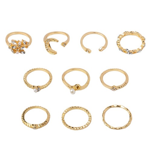 European and American cross-border ring combination 10 pieces moon stars leaves love rhinestone joint ring set wholesale