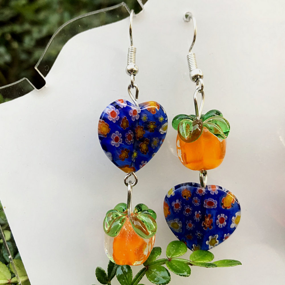 15g Weight Alloy Ear Needle Material Drop Earrings Classification 1 Pair Quantity Daily Occasion Glass, Metal Material Persimmon, Heart Shape, Flower Pattern All Seasons Season Women's Gender Polished Finish Asymmetrical Design Cute Style 1 Pair Cute Persimmon Heart Shape Flower Asymmetrical Glass Metal Drop Earrings 8