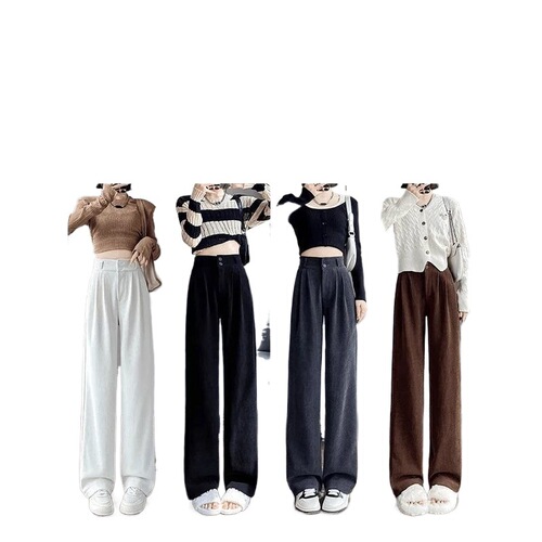 Black Denim Trousers with Wide Leg Design for Plus Size Women, Suitable for Spring, Autumn, and Winter with Fleece Lining, Straight Leg Corduroy Pants for Short Figures