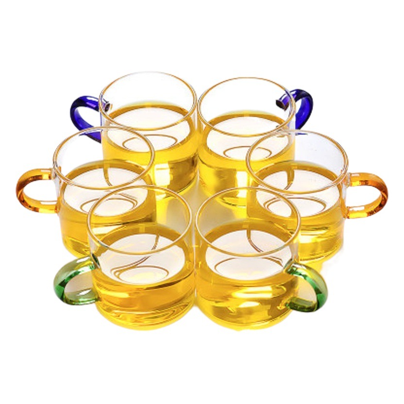 Venta al por mayor de vidrio borosilicato pequeña taza de té mango de color taza de vidrio con mango taza de té de Kung Fu transparente