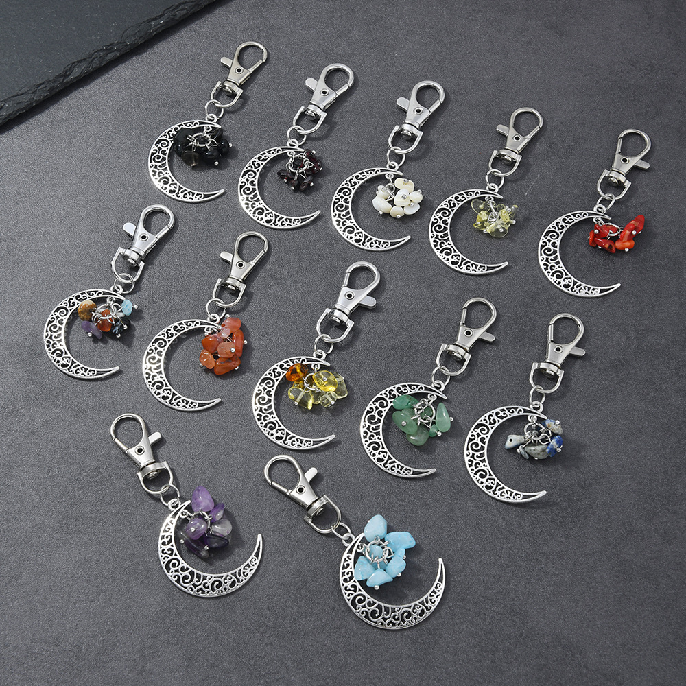 Cross-border natural irregular stone crystal keychain moon alloy pendant lapis lazuli amethyst ornament stone