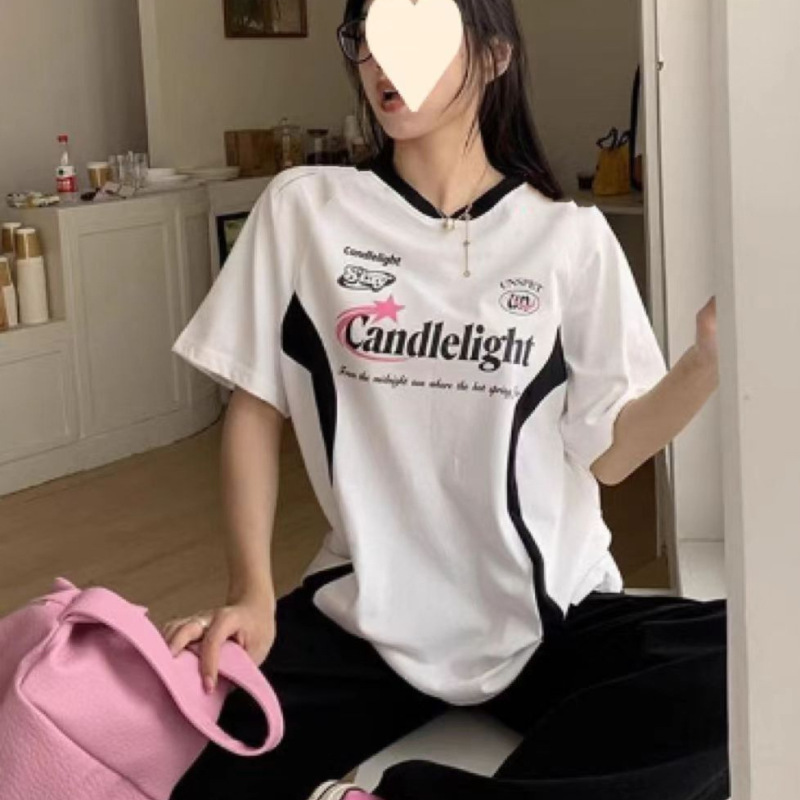 时尚潮牌爆款百搭机车拼色印花短袖t恤女夏季拼接宽松百搭上衣ins|undefined