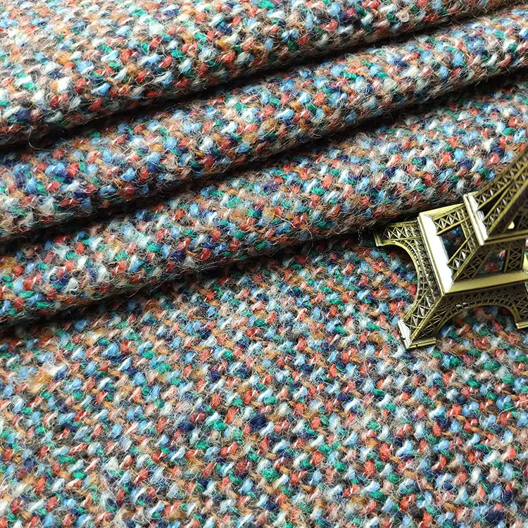 现货厂价新款粗纺编织呢 花呢七彩大衣呢 气质服装箱包布粗纺