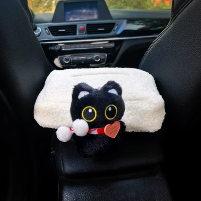 Little Black Cat Car Tissue Box, Car Tissue Holder, Hanging Bag, Seat Back Hanging Type, Armrest Box, Car Tissue Box for Interior Use (Car tissue box/set) - red-and-white-love-scarf-little-black-cat-armrest-box-white-tissue-cover