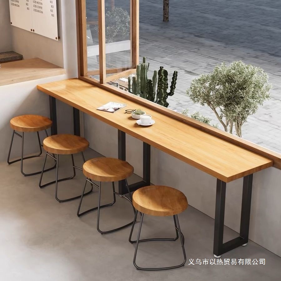 Low Bar Table, Industrial Style Convenience Store, Snack Bar, Bar Long Table, Narrow Dining Table and Chair Combination Against the Wall, Window