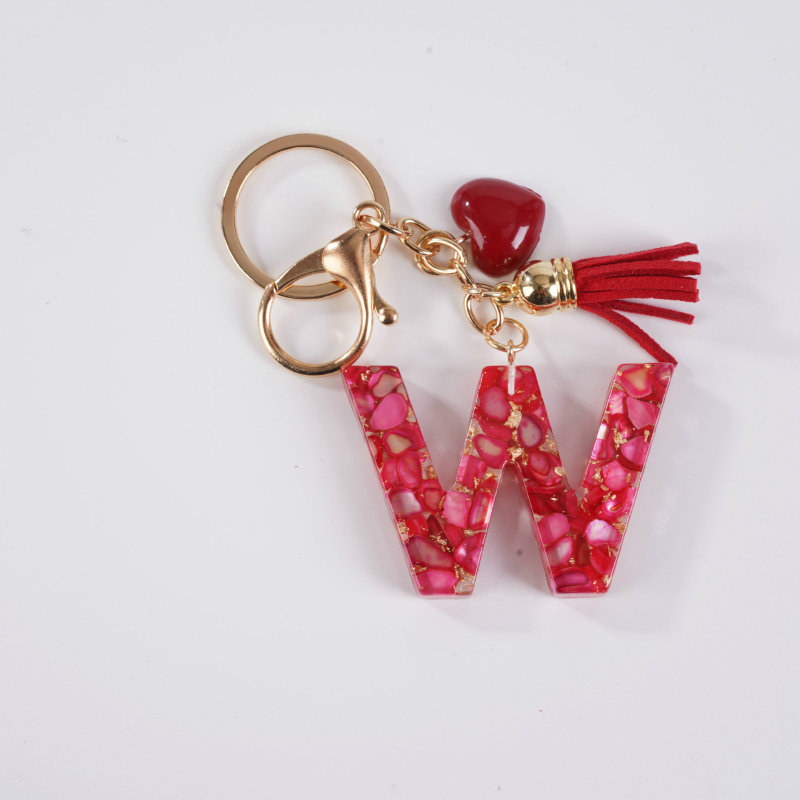 Pomegranate English 26-Letter Keychain Red Resin Keychain with Heart-Shaped Accessories Tassel Crystal Bag Pendant