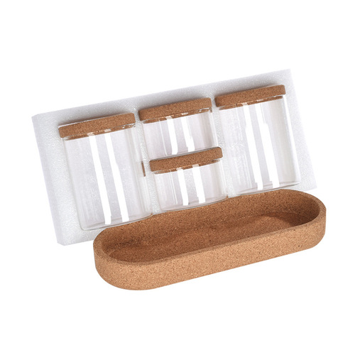 Wholesale Cork Lid Small Glass Jar with Wooden Tray Condiment Jar Set Kitchen Storage Organizer Glass Sealed Jar