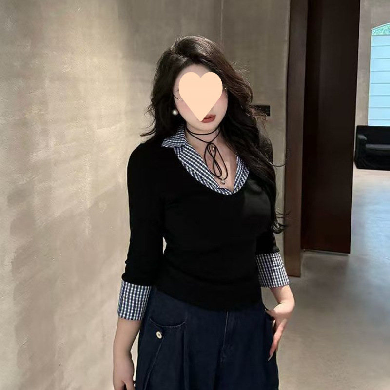 150kg Plus Size Fake Two-Piece Plaid Patchwork Collar Long Sleeve Top for Women, Autumn Slimming Versatile Shirt