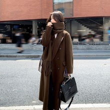 美拉德中长款过膝毛呢外套女高个子名媛宽松秋冬加绒加厚呢子大衣