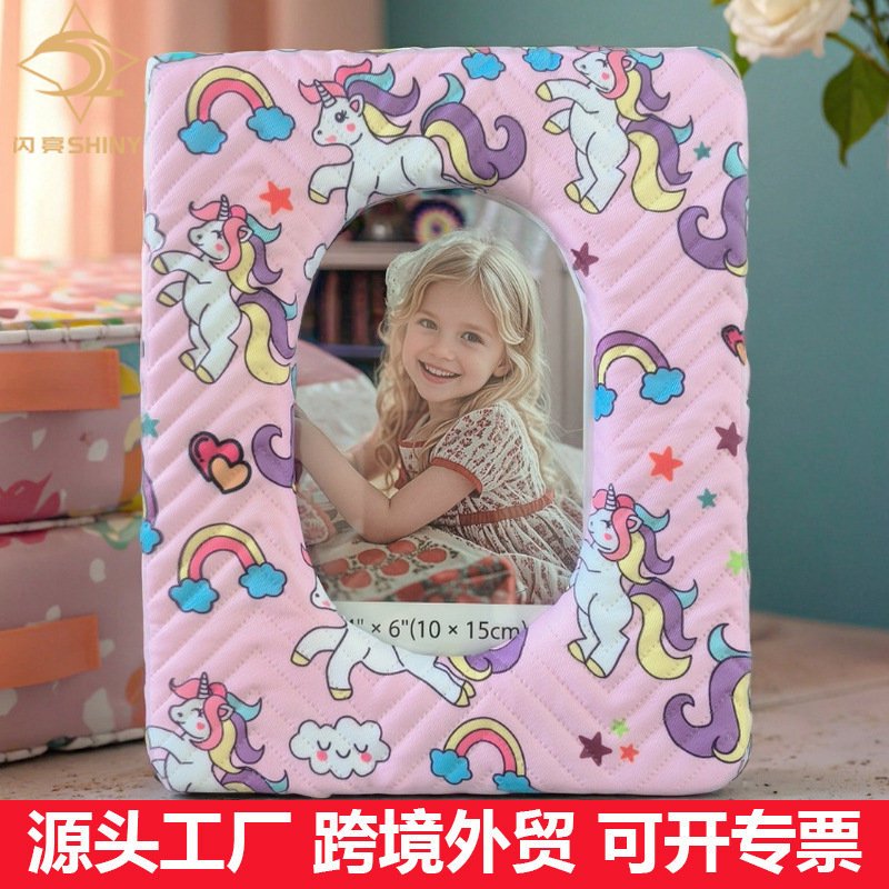 Shiny Cross-Border Fabric Photo Frame Unicorn Cartoon Velvet Square Hollow European and American Table 6inch Photo Frame Manufacturer