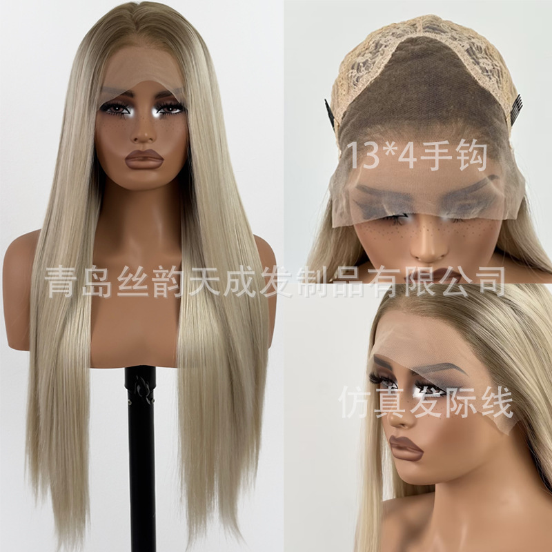 European and American Style Full Lace Front Straight Hair Wig t Mixed Gold and White Synthetic Fiber Women's Wig