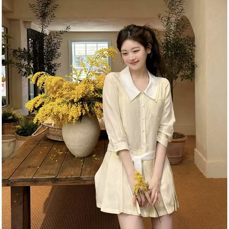 不退不换2025春季新款韩国东大门th*Bar*net翻领衬衫百褶连衣裙女