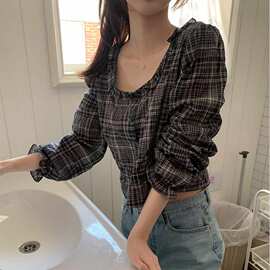 韩国chic 2026初秋新品法式复古格纹衬衫女边收腰小众设计感上衣