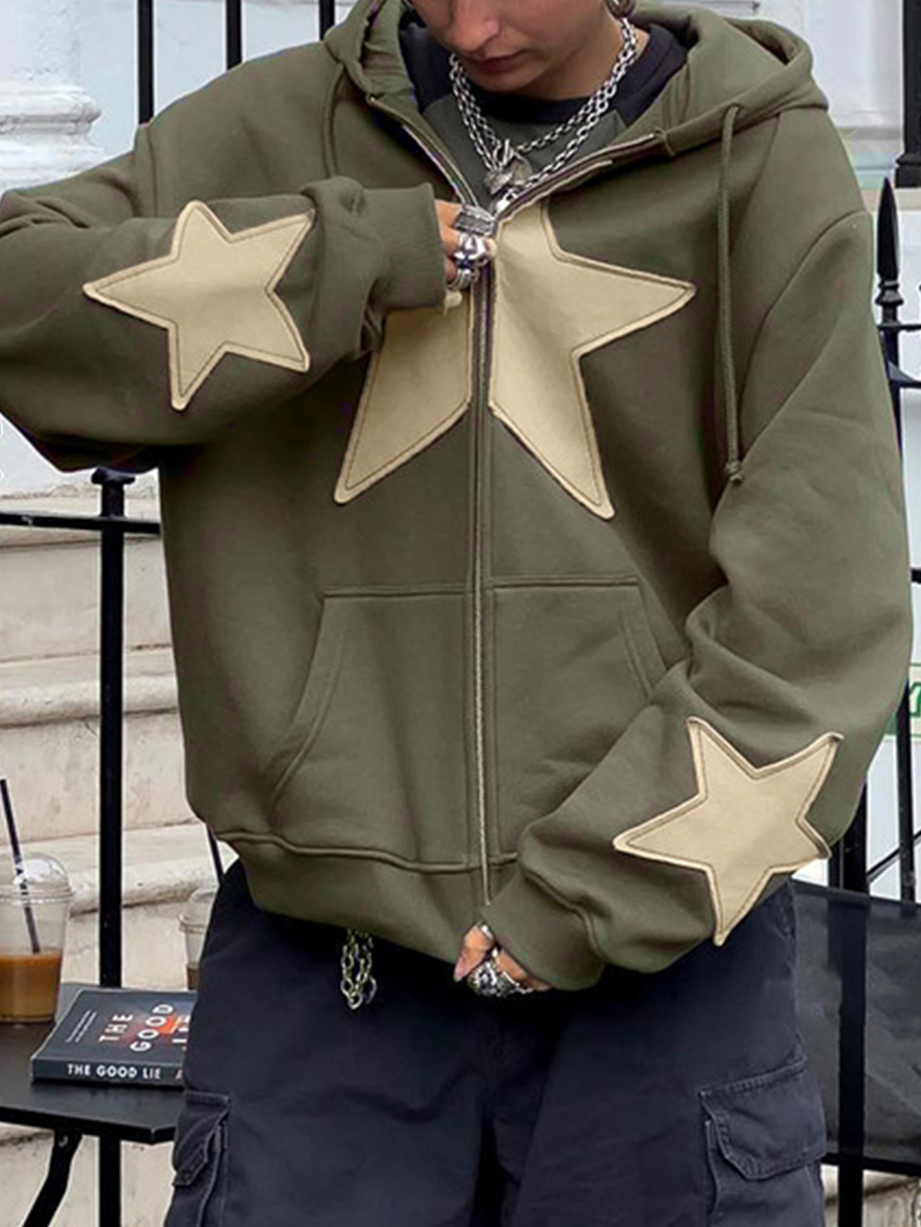 Vêtements pour femmes, style urbain, mode, veste David oversize à capuche et poches zippées, patchwork cinq étoiles, automne/hiver, vêtements d'extérieur décontractés_voghion.com