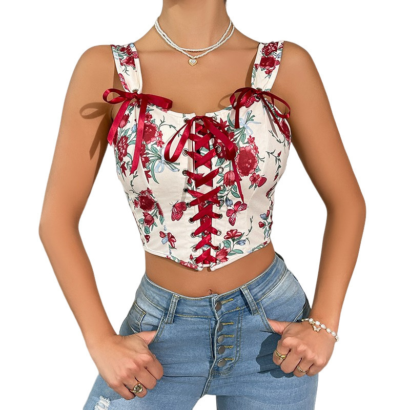 French New Sweet Floral Print Camisole Retro Bow Drawstring Body Shaping Waist Fishbone Bra for Women French New Sweet Floral Print Camisole Retro Bow Drawstring Body Shaping Waist Fishbone Bra for Women