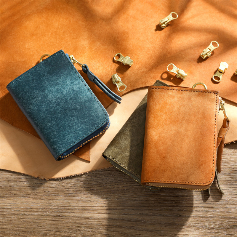 Handmade Vegetable-Tanned First-Layer Cowhide Men's Wallet Genuine Leather Short Zipper Wallet Horizontal Wallet Driver's License Card Holder