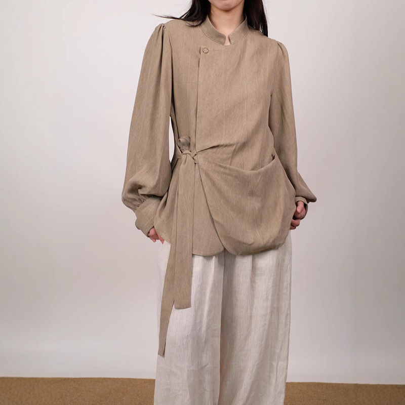 New Chinese Style Small Vertical Collar Side Lace-up Waist Long-sleeved Shirt Women's Dress Slant Placket Retro Stir-fry Texture Top