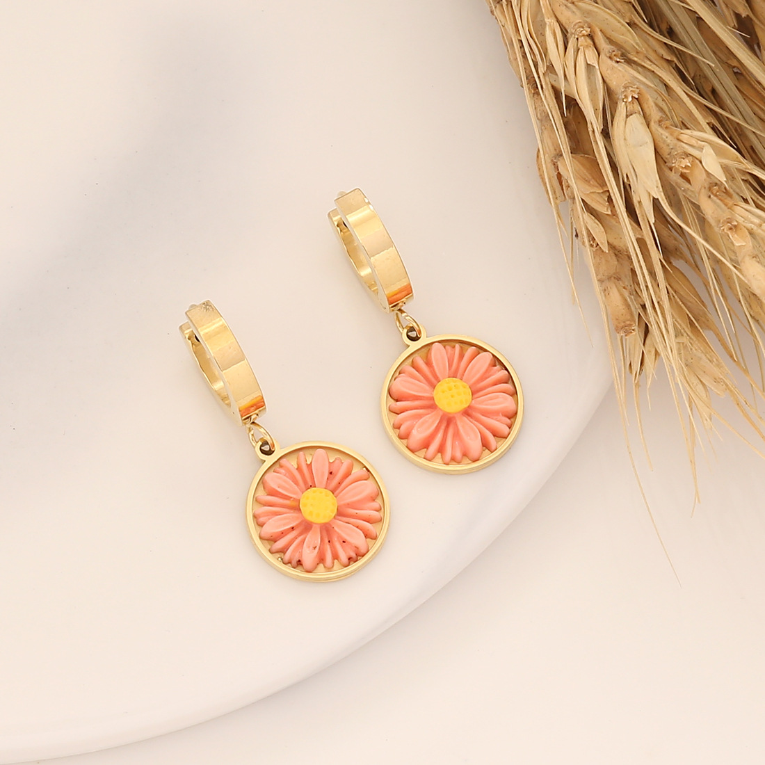 Fashion Daisy Stainless Steel Resin Plating Drop Earrings 1 Pair