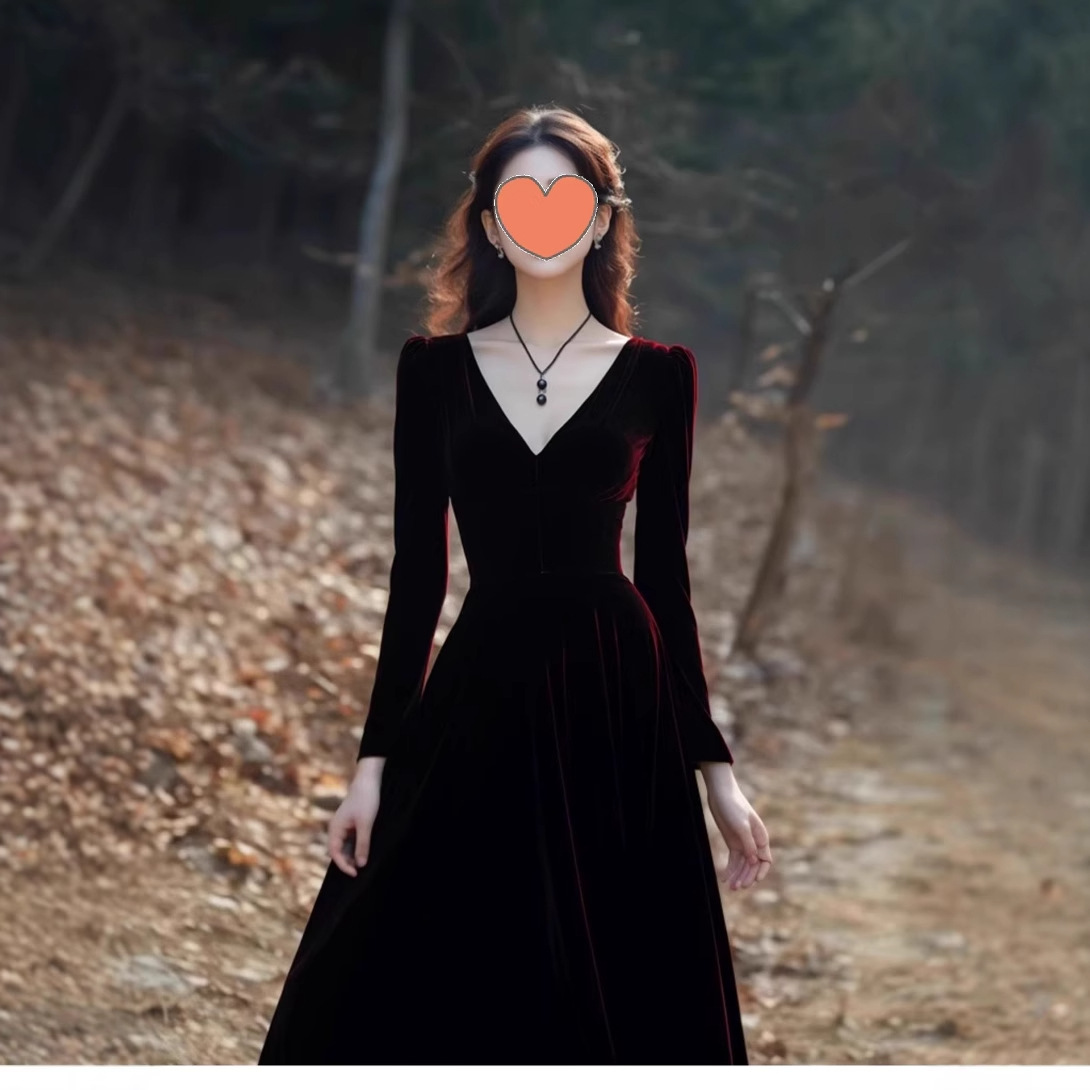 Hepburn Style Annual Meeting Evening Dress High-end Ankora Red Velvet dress Women's Autumn and Winter Celebrity Elegant New Year Dress