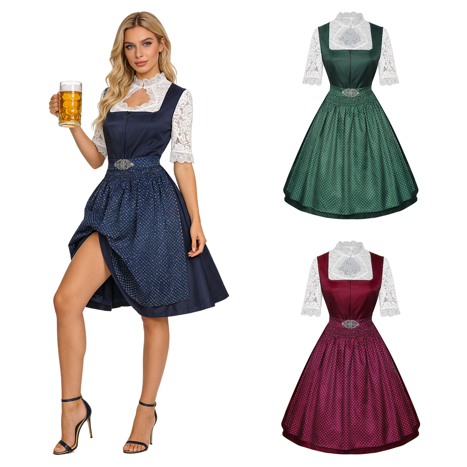 2025 European and American New Oktoberfest Maid Dress Short-Sleeved Lace Women's Apron Three-Piece Suit Export Clothing