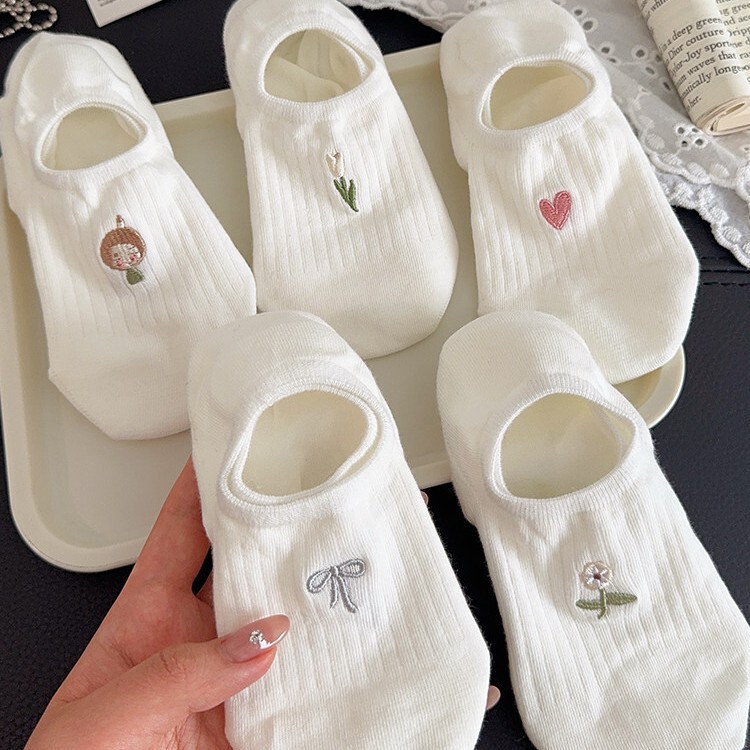New Style White Boat Socks for Women, Pure Cotton, Non-Slip, Summer Thin Version with Bow, Low-Cut Invisible Short Socks