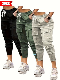 3-Pack Women's Casual Cargo Pants - Solid Color, Polyester,