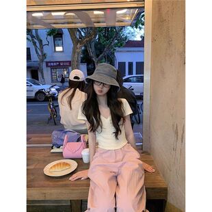满分甜酷小个子穿搭套装女夏季新款设计简约V领短袖T恤休闲工装裤