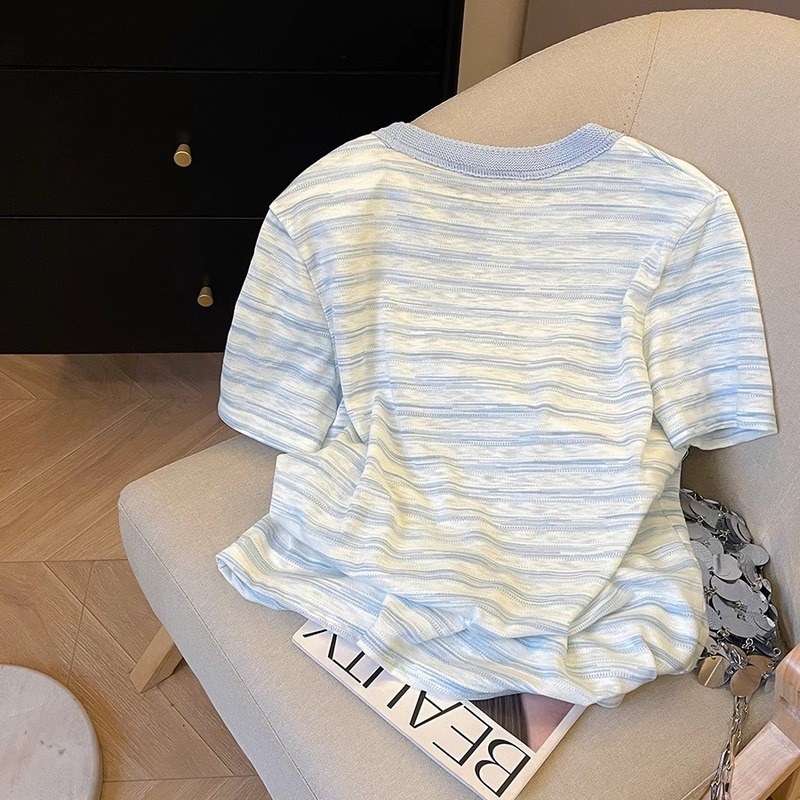 韓国スタイルのコントラストストライプ漫画刺繍半袖Tシャツ、女性用夏デザイン、年齢を軽減する、ゆったりとしたカジュアルで多用途なトップス|undefined