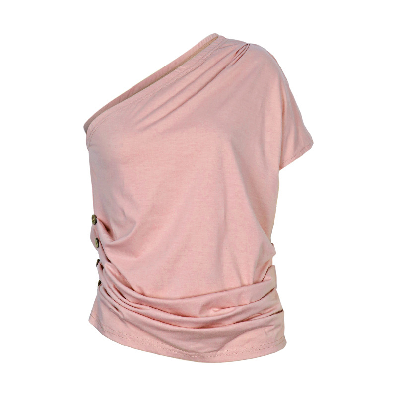 Pink Off-shoulder One-shoulder Casual T-Shirts_voghion.com