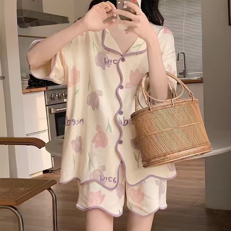 Pijamas para mujer, verano 2025, nuevo estilo, pantalones cortos de manga corta, talla grande, lindos, florales, conjunto para estar en casa image 21