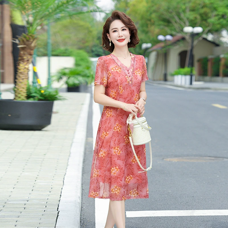 2025 новое платье с короткими рукавами, модное новое платье с цветочным принтом, большой размер, скрывающее живот, утягивающая юбка средней длины
