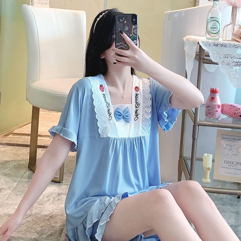 Pijama de verano mujer dulce encaje suelto con cuello en v pantalones cortos de manga corta estilo princesa estudiantes lindos pueden usar hilo de seda de hielo afuera