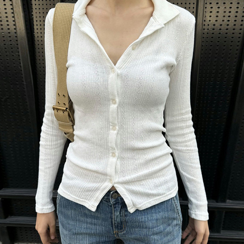 Casual Simple Slim-fit Single-breasted Cardigan Polo Collar Long Sleeve T-shirt