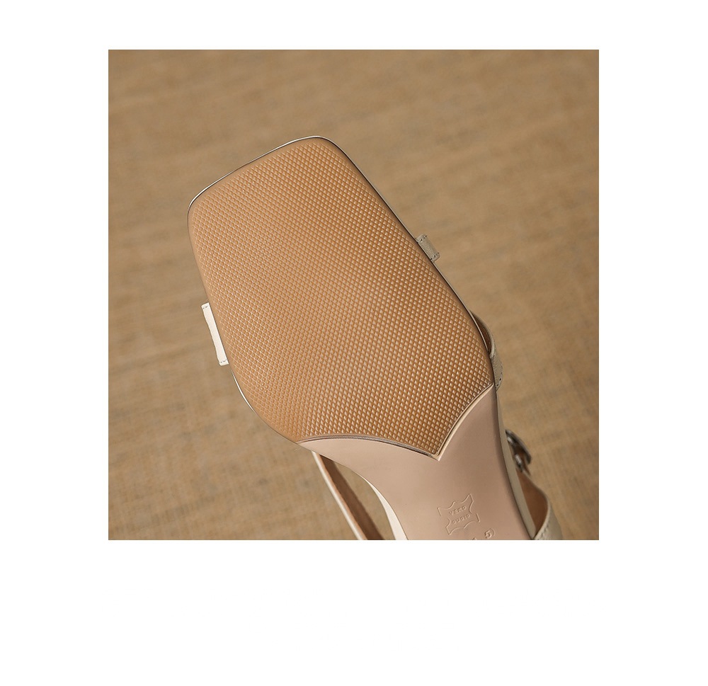 Sandal nữ hở mũi mũi vuông chất da dê, gót thô 5 cm, quai ngang một khóa, phong cách La Mã — màu be chi tiết 10