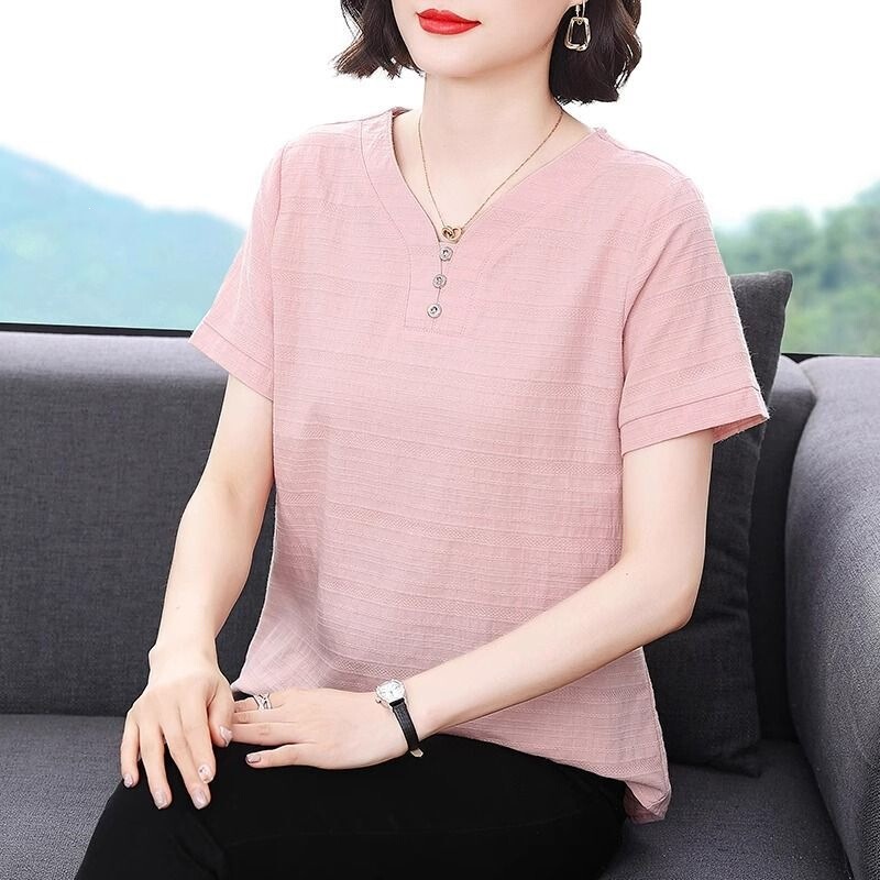 Plus-Size Cotton New Style Solid Color Short-Sleeve Shirt for Middle-Aged and Elderly Women, Summer Top for Mom, V-Neck, Stylish and Loose-Fitting Plus-Size Cotton New Style Solid Color Short-Sleeve Shirt for Middle-Aged and Elderly Women, Summer Top for Mom, V-Neck, Stylish and Loose-Fitting