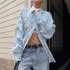 俄罗斯爱心印花翻领衬衫女2025秋季速卖通设计感抽褶衬衣批发女装