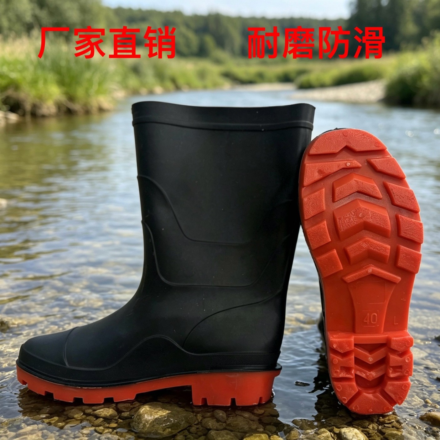 Black Pvc Safety Shoes with Red Soles, Industrial Protective Shoes, Straight Waterproof, Non-Slip, Wear-Resistant Rain Boots, Flood-Proof Rain Boots