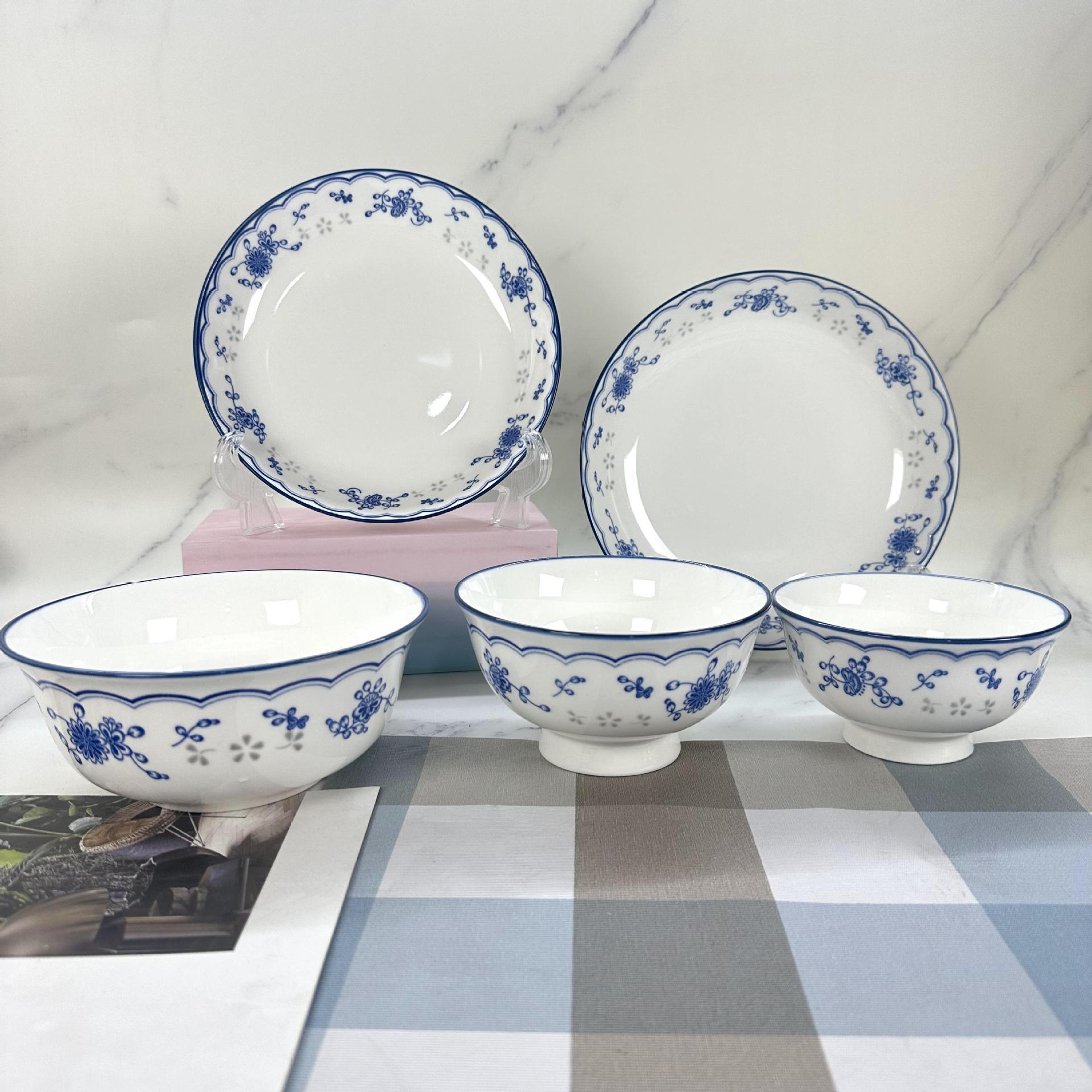 Ceramic Wholesale Underglaze Color Blue Butterfly Series Ceramic Bowl Plate Underglaze Color Orchid Flour Bowl Tableware Blue Edge Bowl