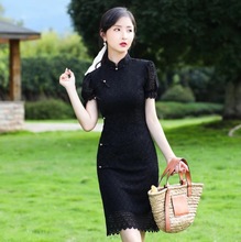 2024年夏季新品黑色蕾丝双层旗袍连衣裙显瘦性感日常简约赫本风