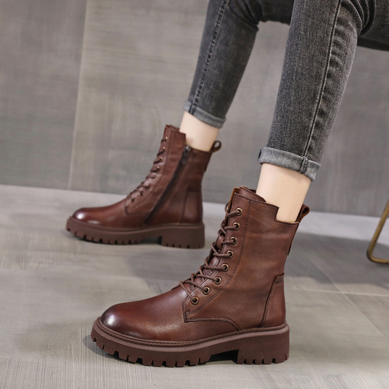 Casual Genuine Leather Women's Boots Thick-Soled Martin Boots Women's 2025 Autumn and Winter Women's Shoes Versatile British Style Short Boots Wholesale