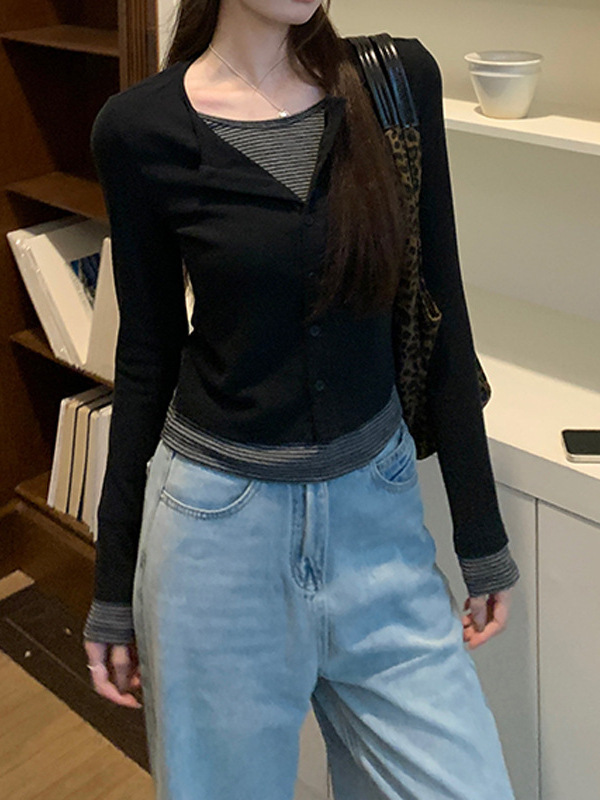 槿一 韩版时尚拼接撞色条纹长袖T恤女早秋慵懒风修身百搭显瘦上衣|undefined