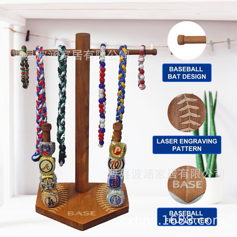 Wooden Baseball Ring Holder Champion Drip Necklace Display Organizer Desktop Jewelry Stand Tournament Medal Rack