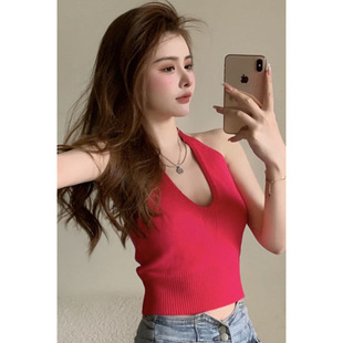 Dopamine Rose Red Ice Silk Camisole Women's Summer Beach Atmosphere Wear Beautiful Back Sleeveless Outer Top